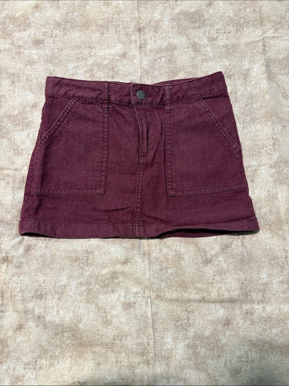 Burgundy Mini Skirt with Front Patch Pockets
